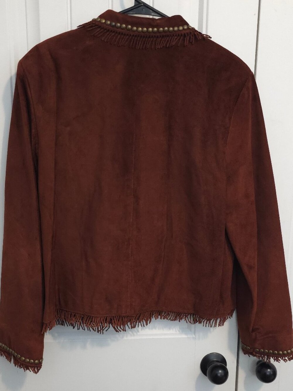 Double D Ranch Burgandy Brown Fringe Suede Leather Jacket - Woman's Size L - Picture 5 of 12